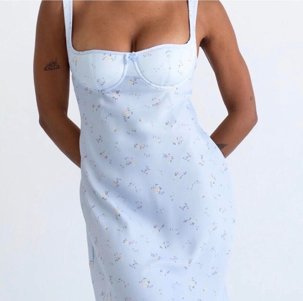 Rumored Loverboy Mini Dress | Forget-Me-Not, Blue Floral Print, Open Back, L NWT